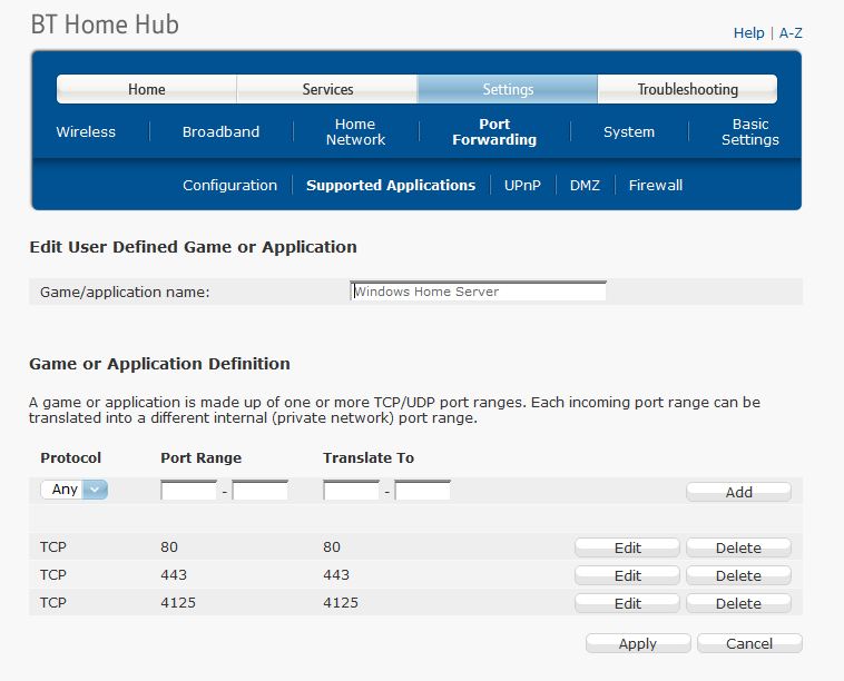 Opening ports for Windows Home Server on BT Home H... BT Community