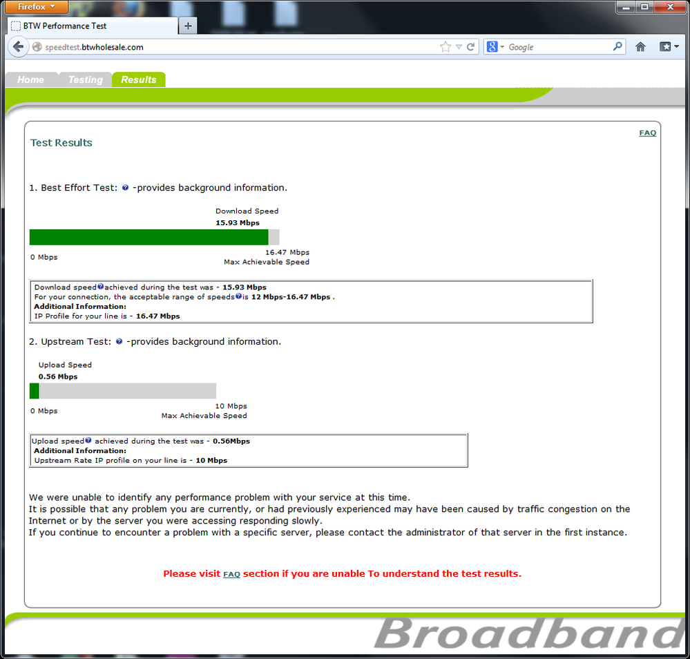 Speed test results