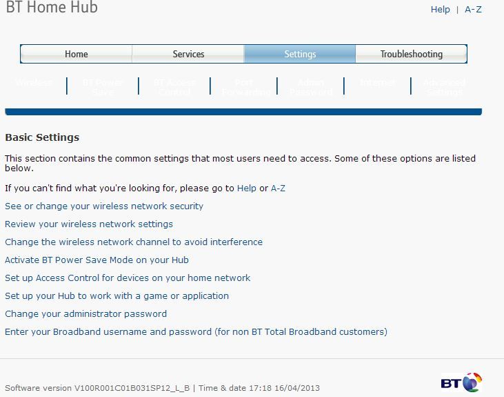 BT Homehub page