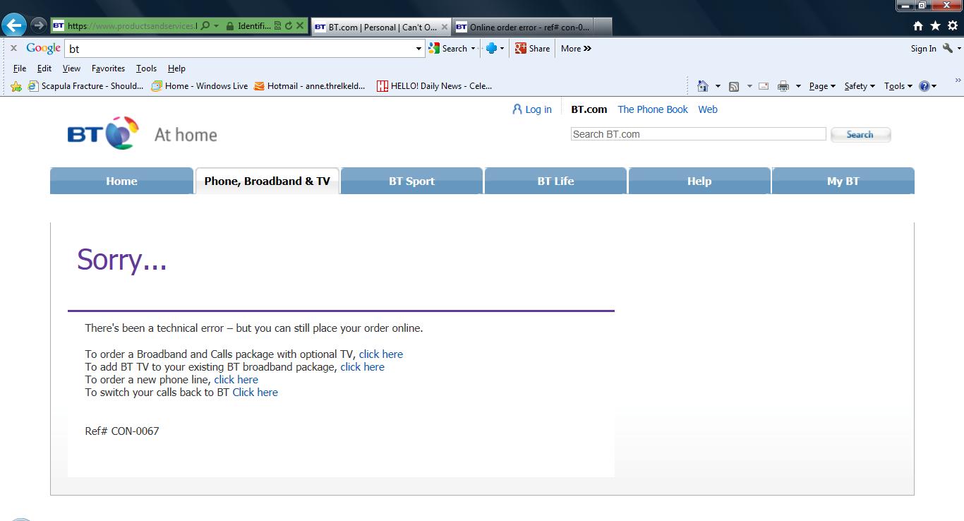 Online order error ref con0067 BT Community