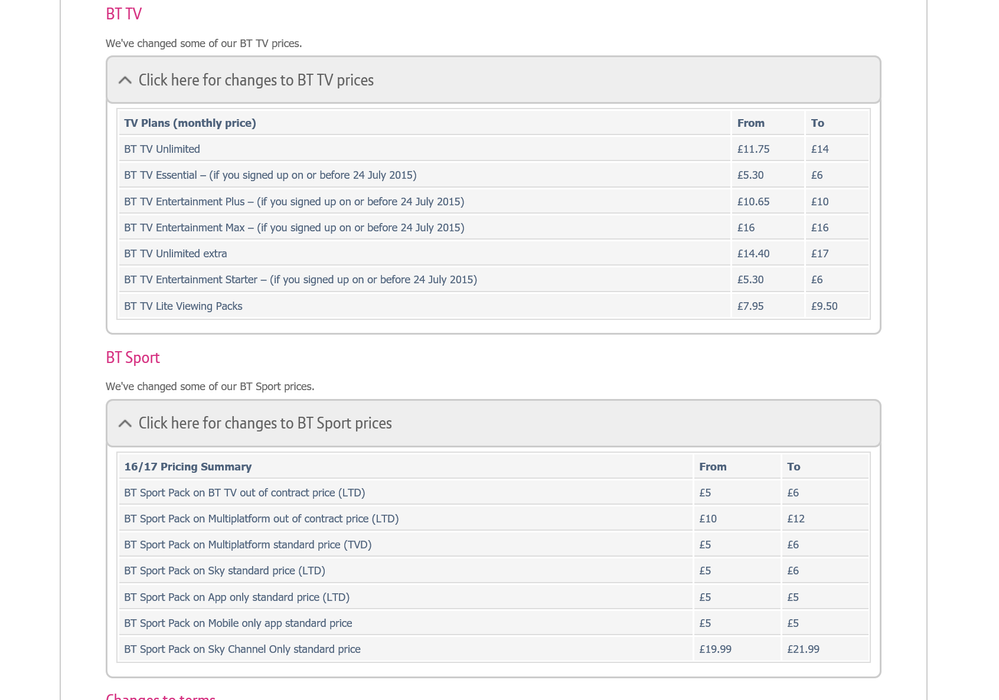 extract fro official BT web page on July 3 prices changes