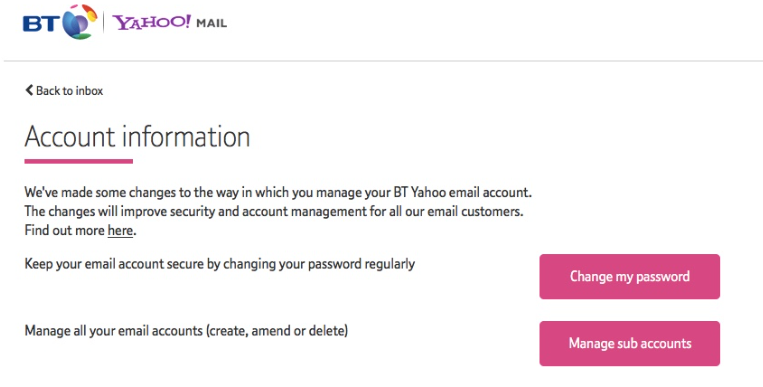 change password for bt yahoo mail