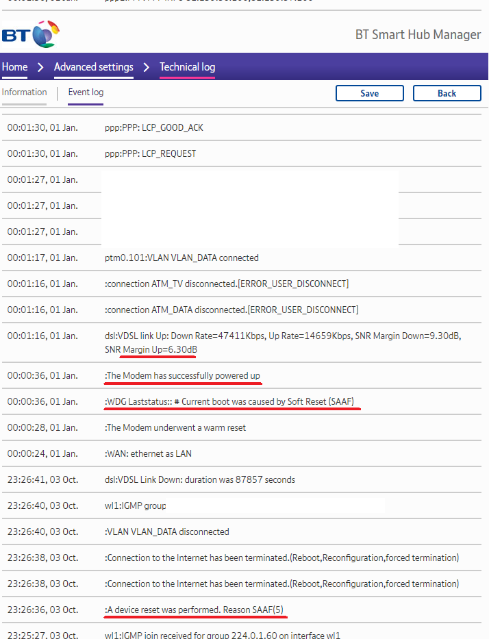 Logs showing the reset