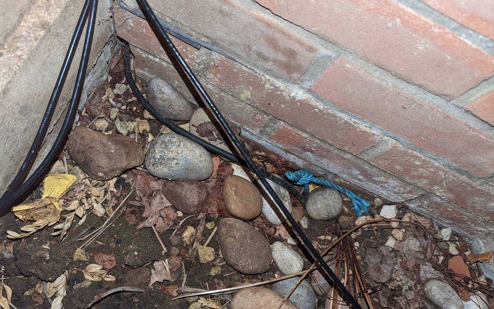 BT/OpenReach cable going from ducting with blue rope to beneath patio