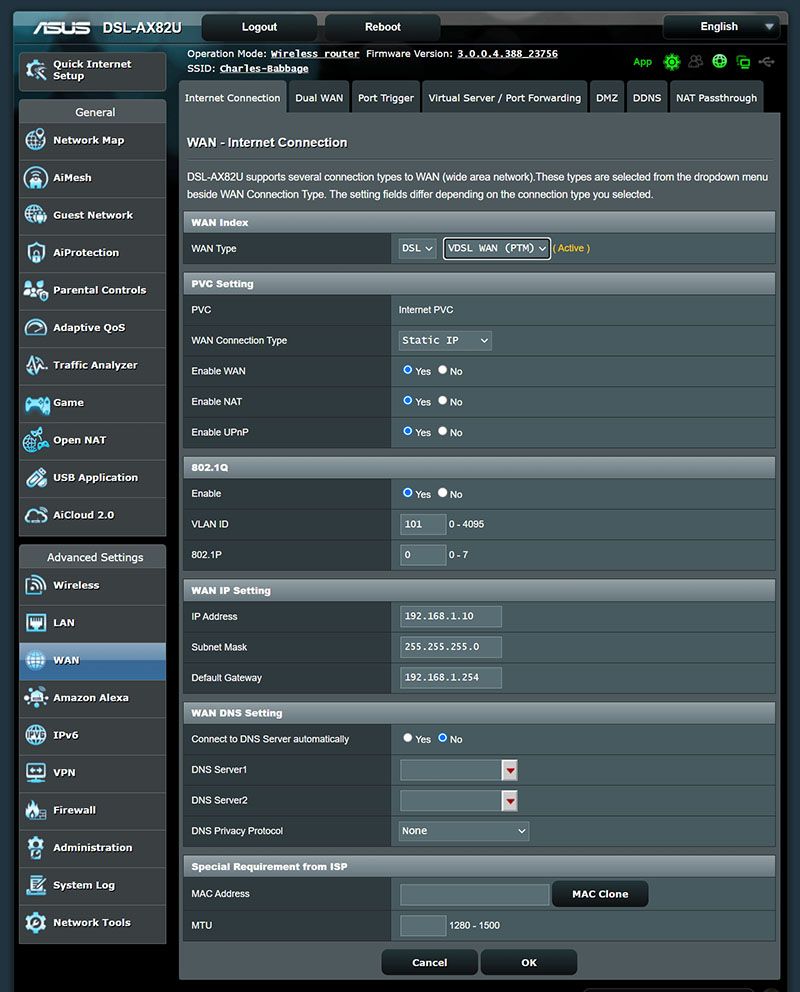 WAN port settings on ASUS DSL-AX82U